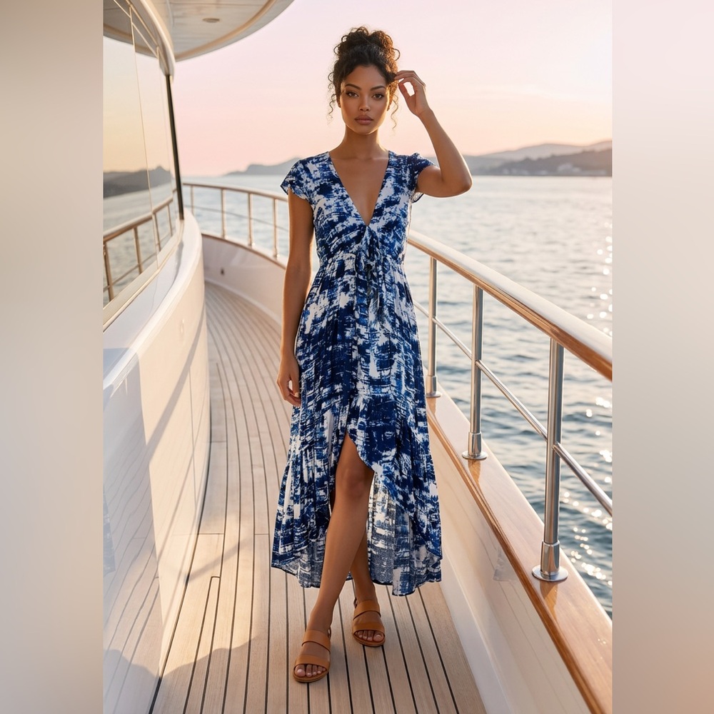 New Vici Maxi Plunge Tie Front High-Low Sundress